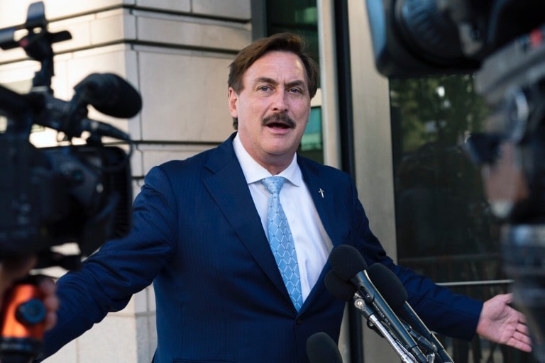 Mike Lindell is interviewed by reporters outside the federal court in Washington