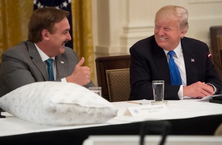 ThenPresident Donald Trump speaks alongside Mike Lindell during a "Made in America" event